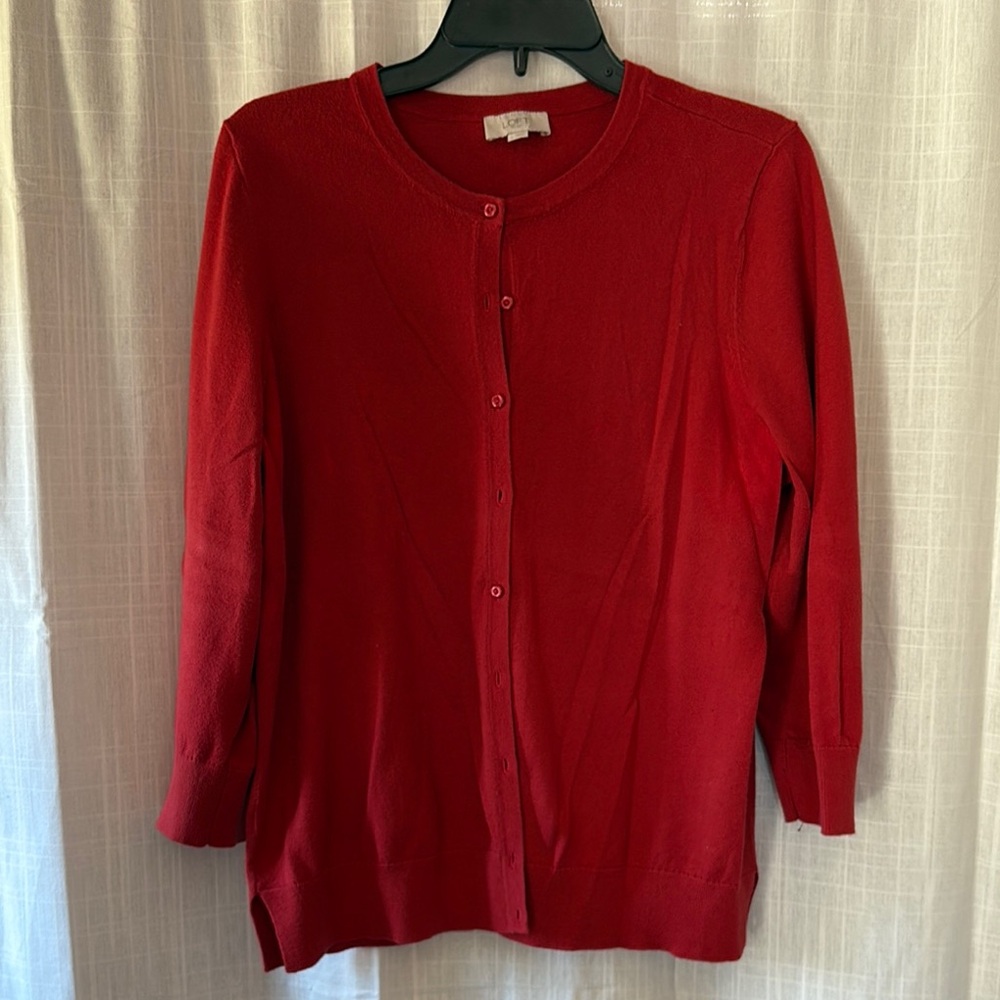 LOFT Red Cardigan Sweater Classic Knit